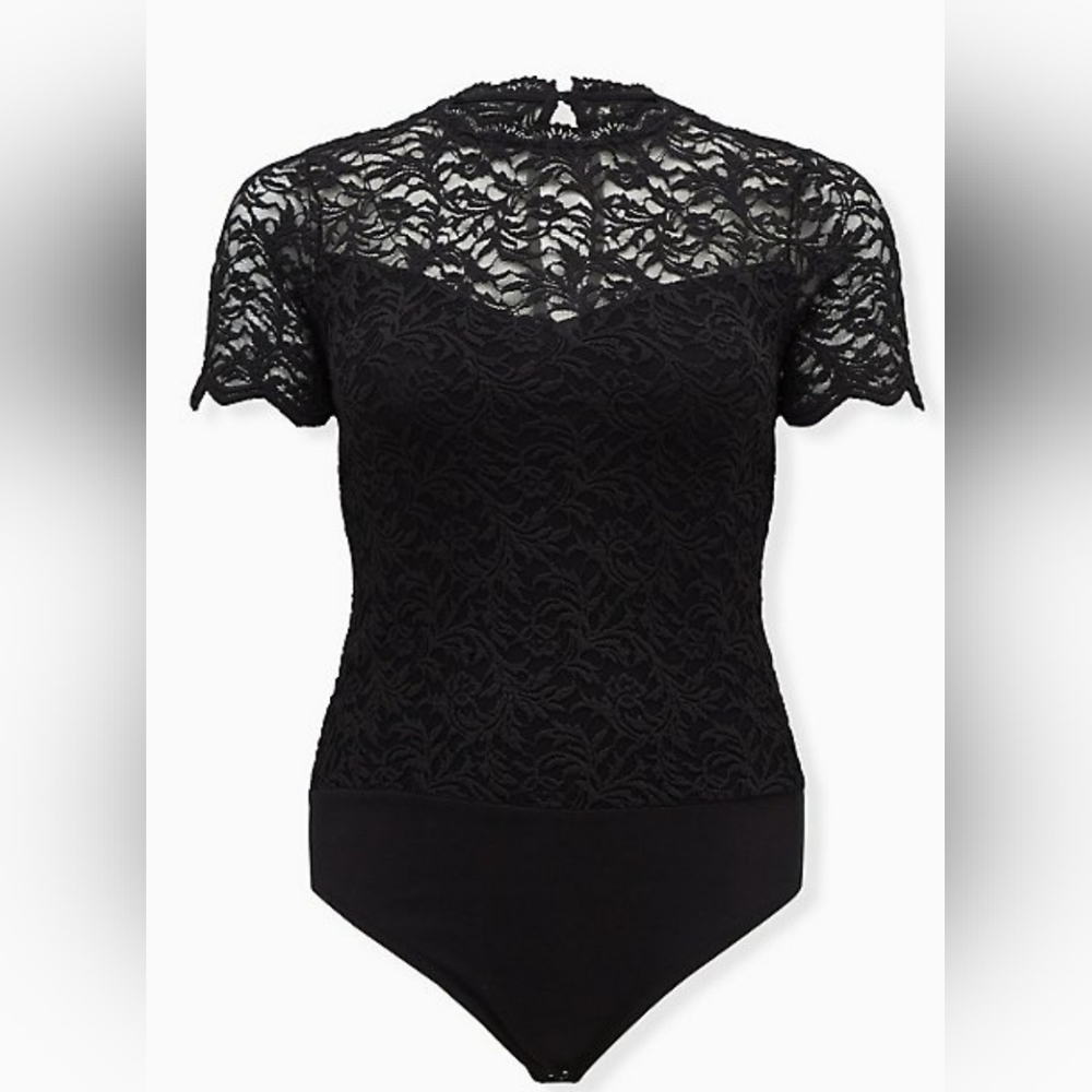 Torrid size 1 black lace high-neck, short-sleeve bodysuit